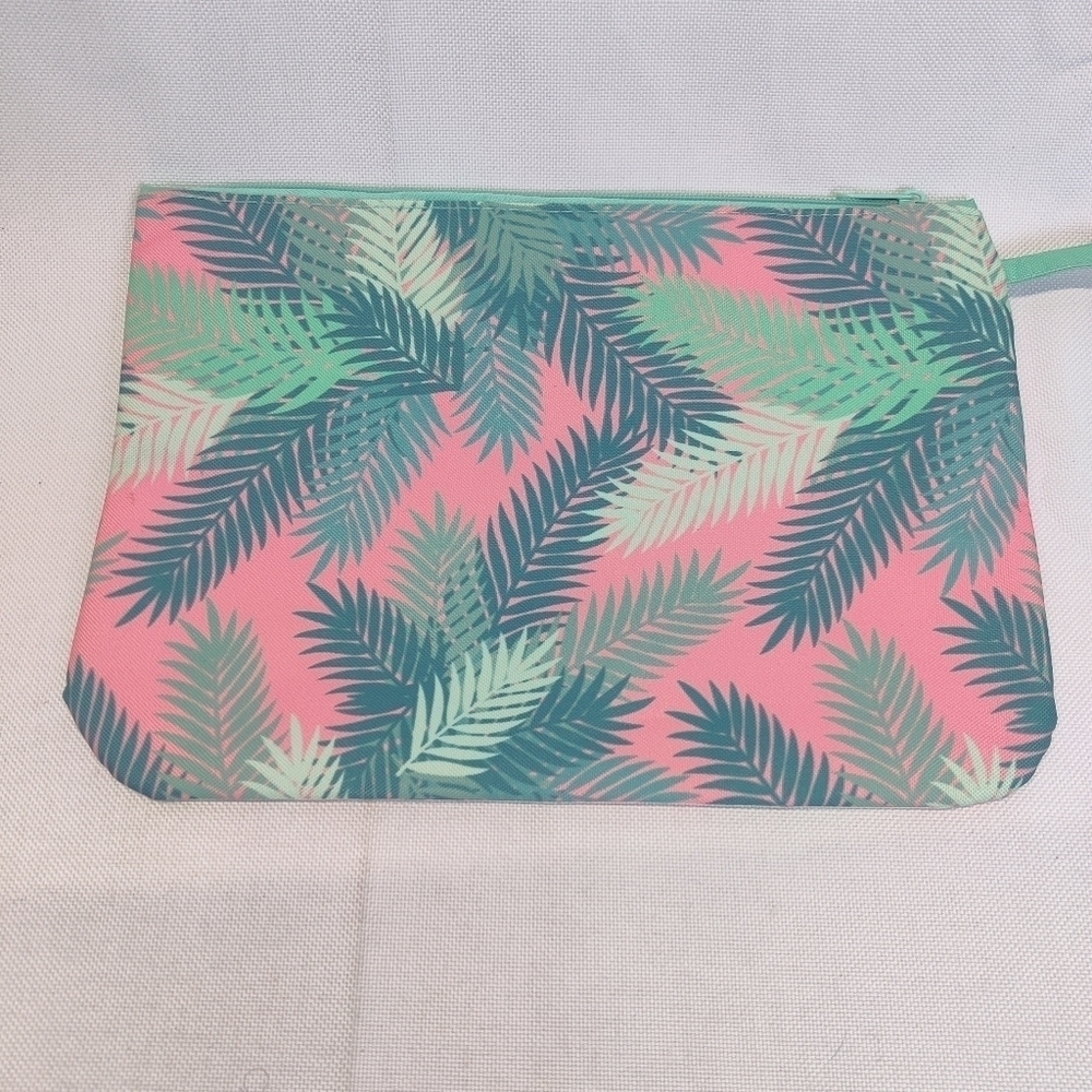 "Beach Please" Makeup Bag Palm Tree Leaf Pink Canvas Zipper Top & Clear Pocket - Picture 11 of 12